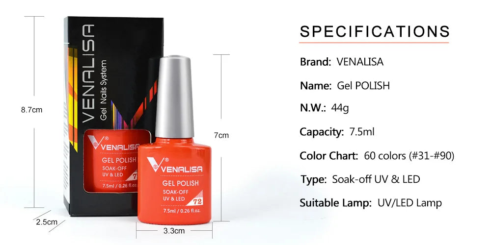Venalisa 7.5ml Nail Gel Polish 60 Color Glitter Color Nail Varnish For Nail Art Manicure Top Coat Soak Off Enamel UV Gel Varnish