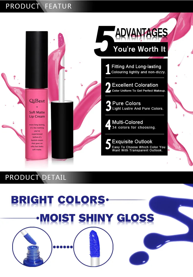 Kit de Labiales QIBEST 34 Colores — Mate, Resistente al Agua y Larga Duración