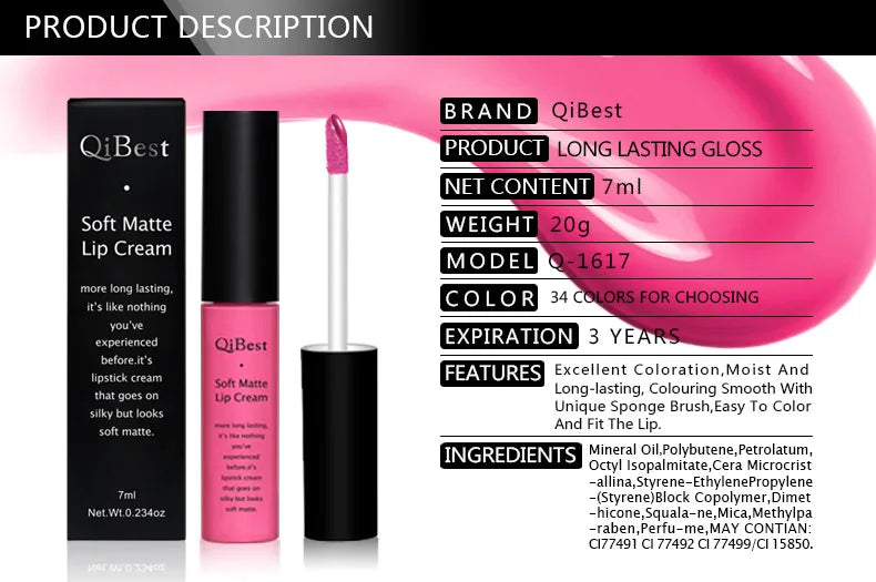 Kit de Labiales QIBEST 34 Colores — Mate, Resistente al Agua y Larga Duración