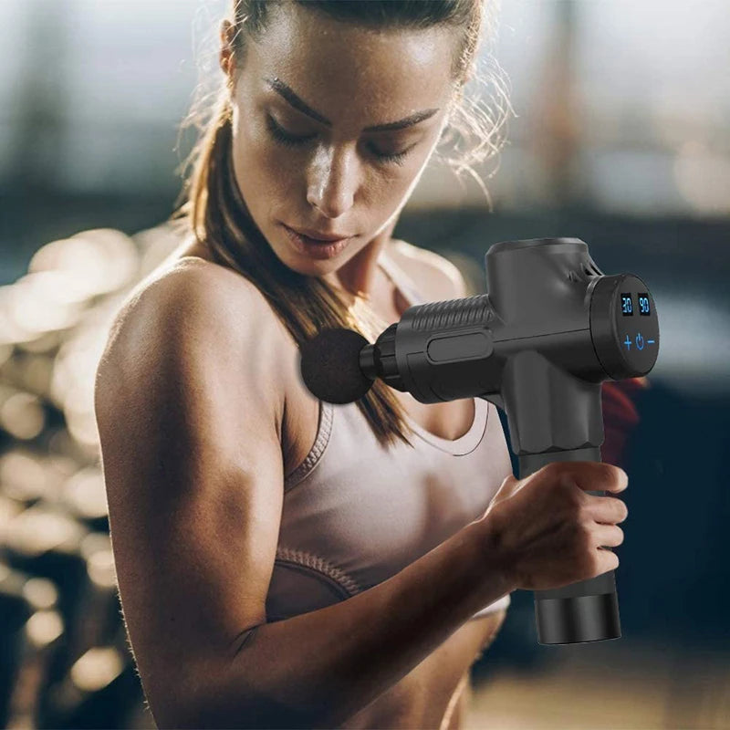 Pistola de Masaje Muscular Profesional — 30 Niveles, Silenciosa y Recargable