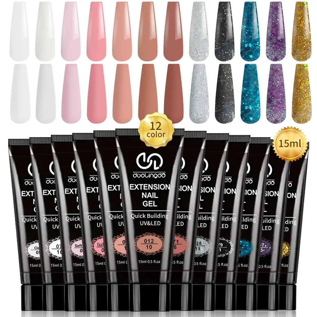 Kit de Gel de Extensión de Uñas 12 Colores — Con Lámpara, Base y Top Coat