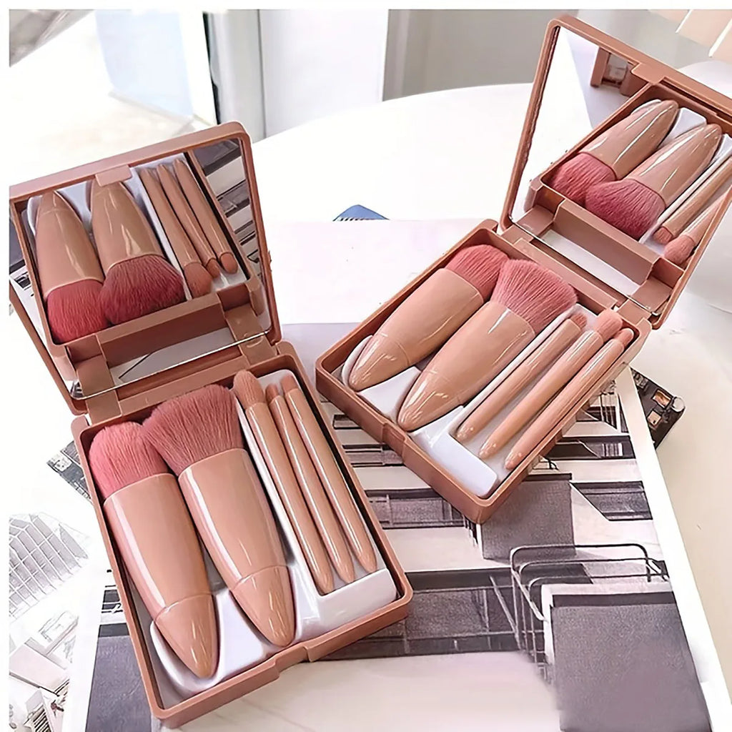 Set de 5 Brochas de Maquillaje de Viaje con Espejo Plegable