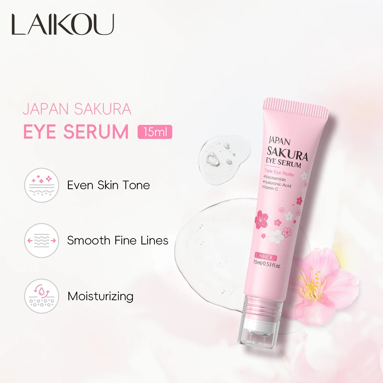 Contorno de Ojos LAIKOU Sakura con Rodillo — Antiojeras, Hidratante y Antiarrugas